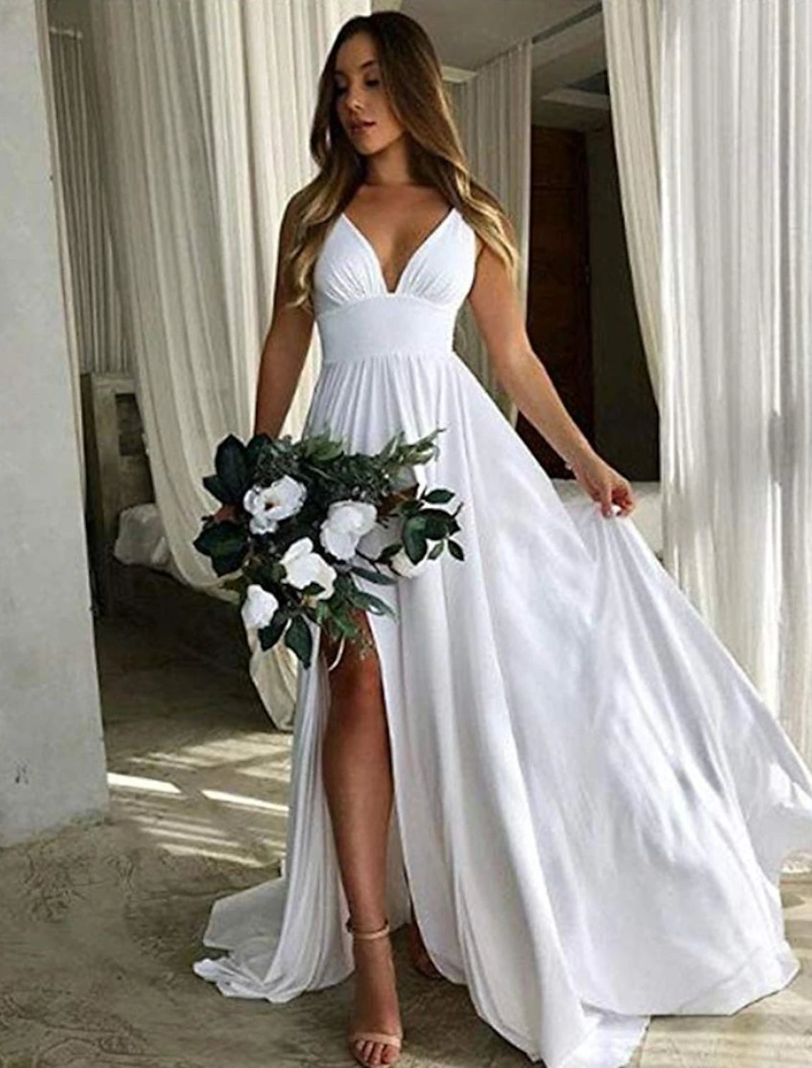 Wholesale A-Line Bridesmaid Dress Plunging Neck Sleeveless Furcal Floor Length Chiffon with Pleats